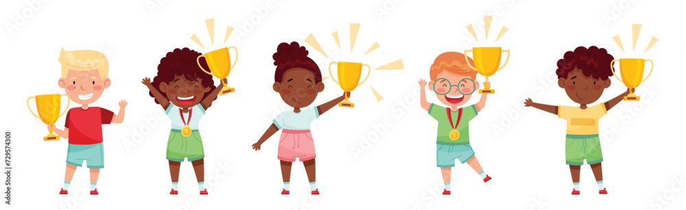 Cute Kids Winner Holding Trophy Cup and Medal Vector Set Cute Kids Winner Holding Trophy Cup and Medal Vector Set