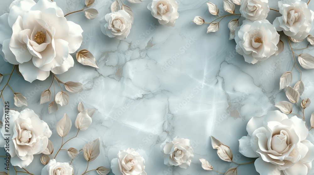 Fototapeta premium Luxurious 3D background featuring elegant white flowers against a silk backdrop, perfect for printing on walls and ceilings.