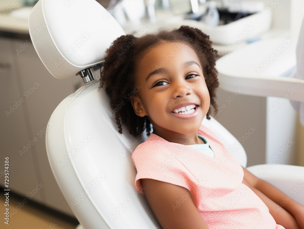 A smiling african american kid sitting in a dental chair at the dentist, teeth cleaning and examination concept, beautiful white teeth smile, young girl checkup A smiling african american kid sitting in a dental chair at the dentist, teeth cleaning and examination concept, beautiful white teeth smile, young girl checkup