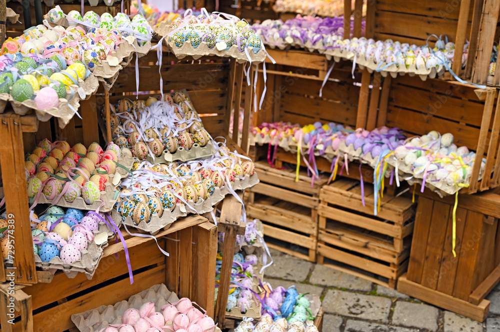 Painted Easter eggs in basket at the traditional market in Vienna
