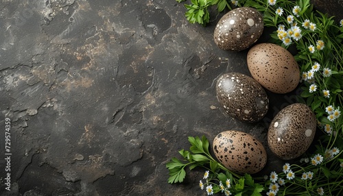 Colorful easter eggs and flowers with text space for celebrations and greeting cards.