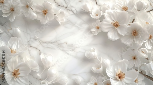 Luxurious white flowers set against a silk marble backdrop in a stunning 3D design, perfect for printing on walls and ceilings.