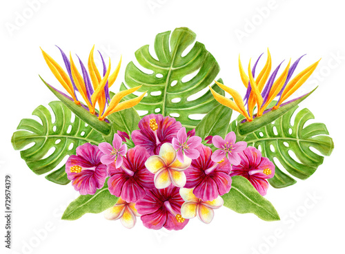 Tropical bouquet. Hand drawn watercolor painting with pink hibiscus flowers, frangipani and palm leaves isolated on white background. Floral summer composition.