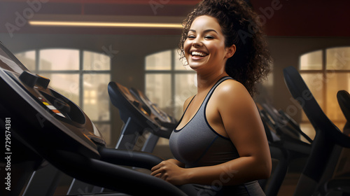 A woman confidently showcases her workout gear while flashing a bright smile towards the camera, ready to conquer her indoor exercise routine