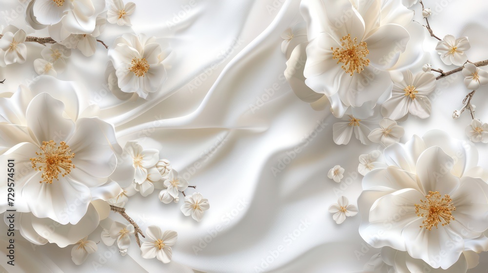 Luxurious 3D background featuring elegant white flowers against a silk backdrop, perfect for printing on walls and ceilings. Luxurious 3D background featuring elegant white flowers against a silk backdrop, perfect for printing on walls and ceilings.