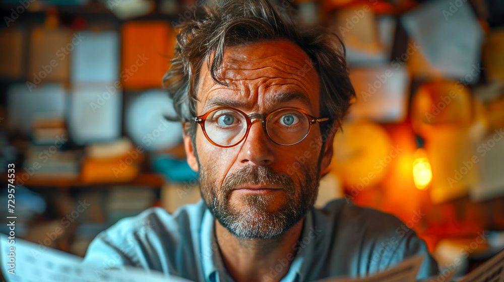Close-up portrait of a mature man in glasses reading a newspaper Close-up portrait of a mature man in glasses reading a newspaper