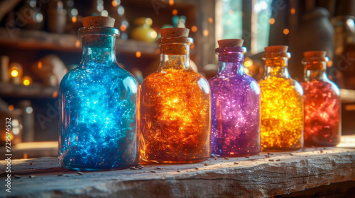Colorful magic potion in bottles on a wooden shelf in a laboratory photo
