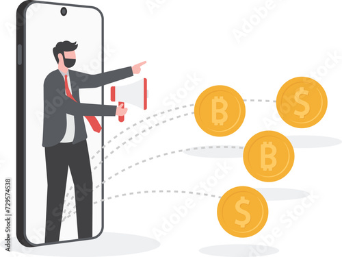 Mobile advertising concept.Businessman with megaphone recommends investing,Promoter advertises online investment.

