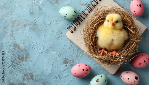 Easter eggs in nest with yellow cute chick on white background   top view mockup