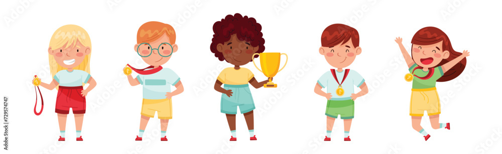 Cute Kids Winner Holding Trophy Cup and Medal Vector Set Cute Kids Winner Holding Trophy Cup and Medal Vector Set