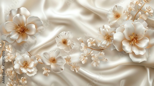 3d background with luxury beautiful white flowers  silk background for wall print  and ceiling wallpaper