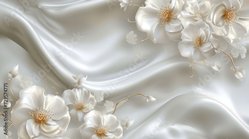 3d background with luxury beautiful white flowers, silk background for wall print, and ceiling wallpaper