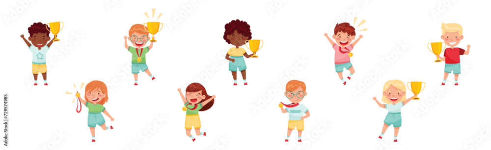 Cute Kids Winner Holding Trophy Cup and Medal Vector Set Cute Kids Winner Holding Trophy Cup and Medal Vector Set