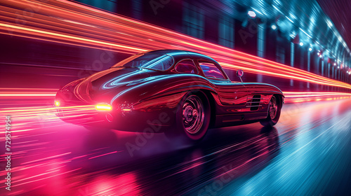 Dynamic portrayal of a vintage retro classic car concept speeding through the night leaving behind mesmerizing light trails © dragomirescu