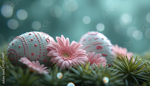 Festive easter eggs and spring flowers background with space for text or message.