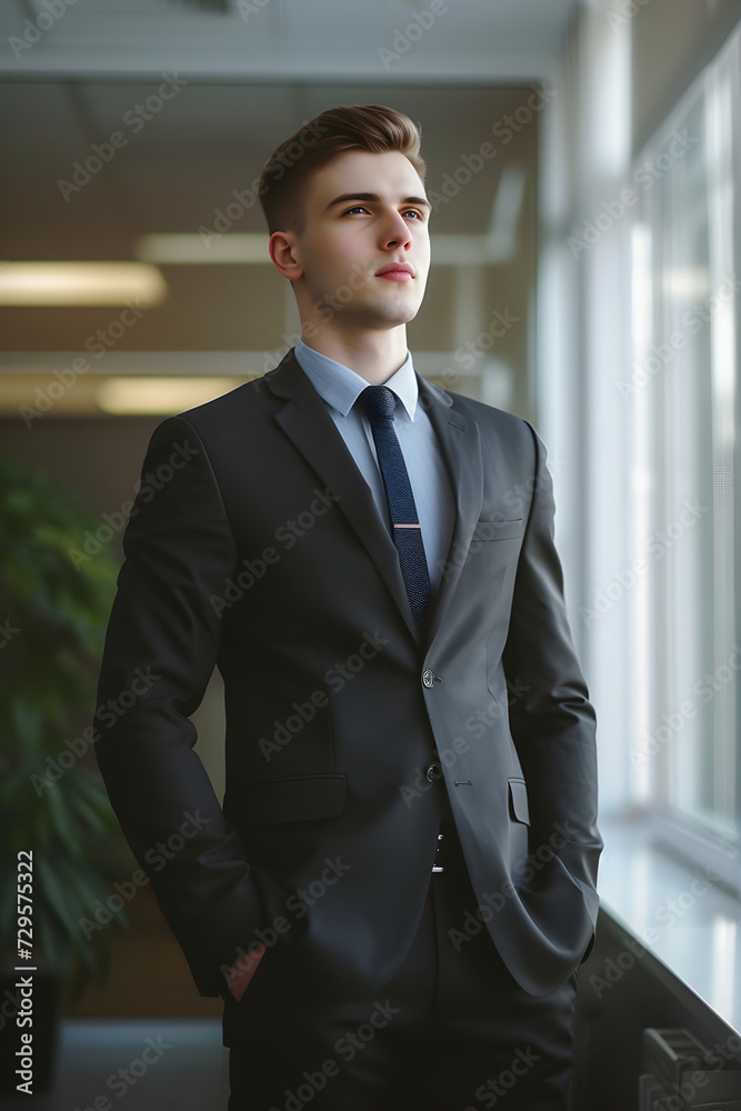 design for business man ad, office worker. a recruitment or magazine ad for HR or manager, business man near window. businessman looking at camera. ceo, accountant, manager or lawyer. male