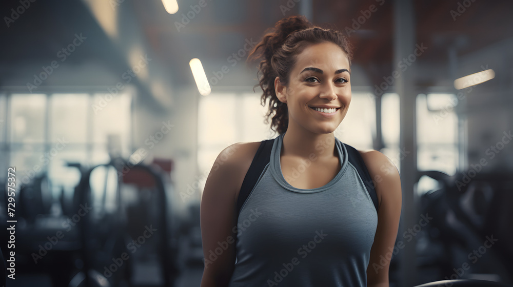 A beaming woman in an active tank smiles confidently at the camera, her toned arms on display as she poses with indoor exercise equipment