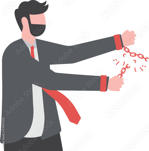 Torn handcuffs. businessman clenched his fist and broke the chain, Business fetter and freedom concept.

