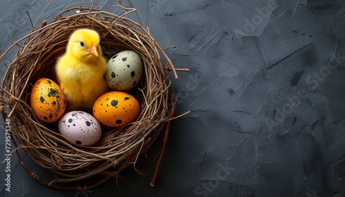 Easter eggs in nest with yellow cute chick on white background   top view mockup
