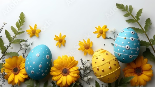 Festive easter table with painted eggs, floral decor on white background, flat lay, space for text
