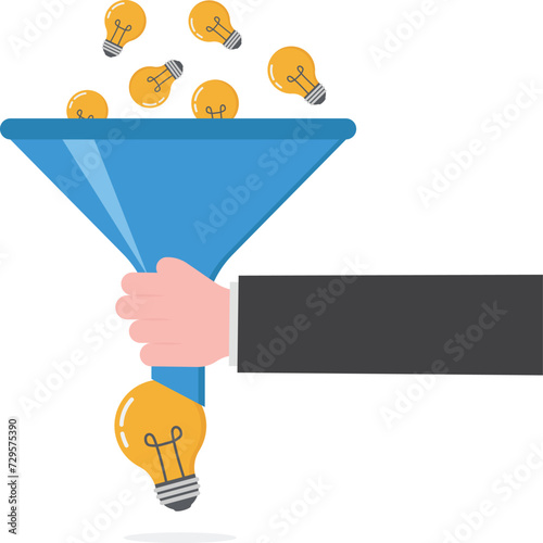Idea funnel, brainstorm to get solution or final idea, creativity, innovation or imagination to create inspiring solution concept, business people help put small lightbulb in funnel to get final idea.