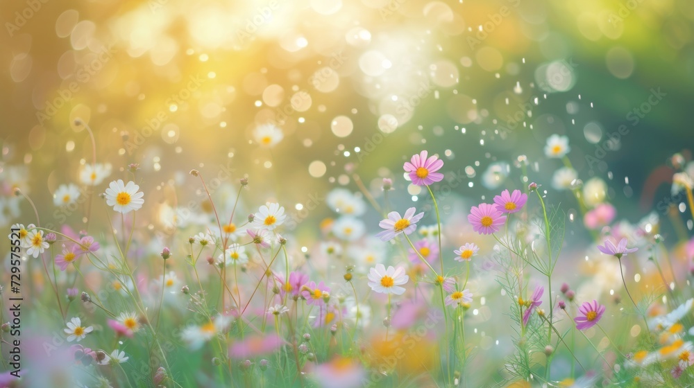 Beautiful natural spring landscape of a flower meadow on a clear sunny day. Lots of flowers and green grass. Blurred background with space for text. Close up
