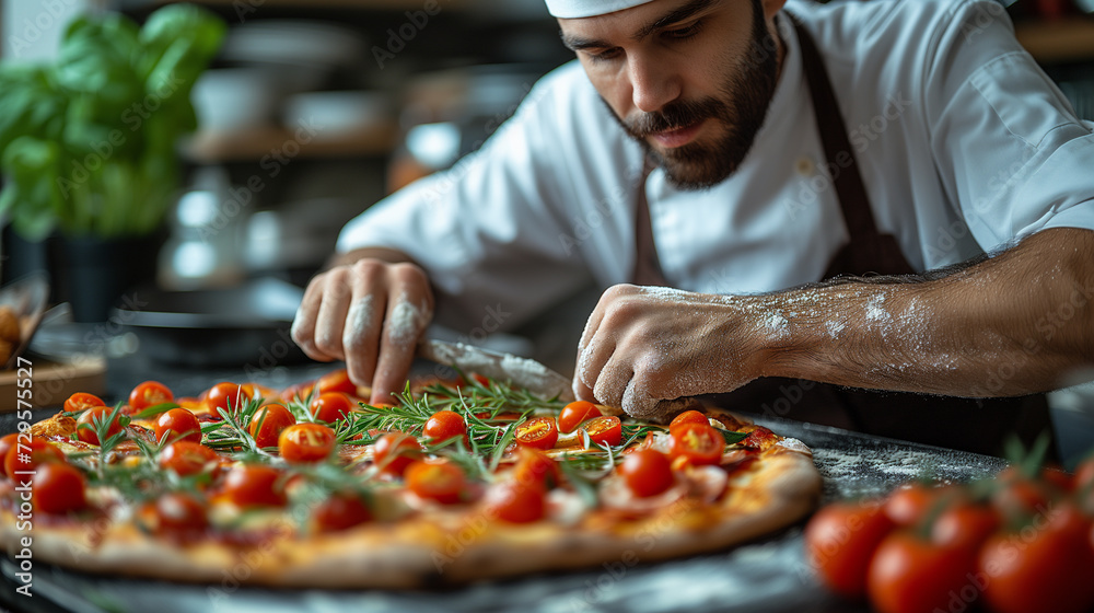 The chef prepares delicious, juicy, fragrant pizza