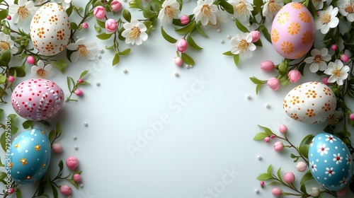 Easter table setting with painted eggs, floral decor, white background, flat lay