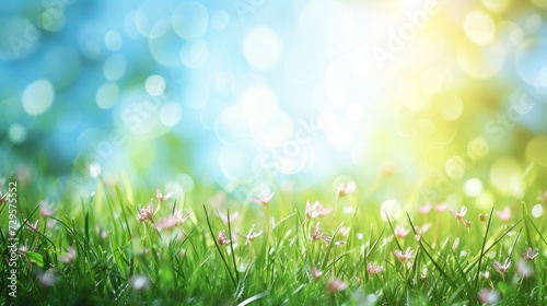 Beautiful natural spring landscape of a flower meadow on a clear sunny day. Lots of flowers and green grass. Blurred background with space for text. Close up © Stefan95