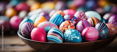 Vibrant easter egg on wooden table, decoupage eggs, space for text and decoration, holiday scene.
