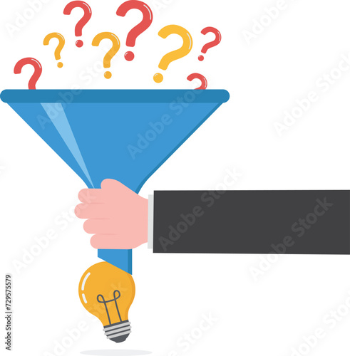 Solving problem, solution or result from business difficulty, research or discover new idea, creativity to answer questions, smart businessman with funnel or filter to get solution from question mark.