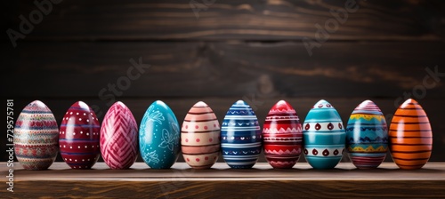 Colorful easter eggs on wooden table, holiday background for decoration with space for text
