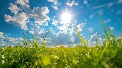 Beautiful natural spring landscape of a flower meadow on a clear sunny day. Lots of flowers and green grass. Blurred background with space for text. Close up photo