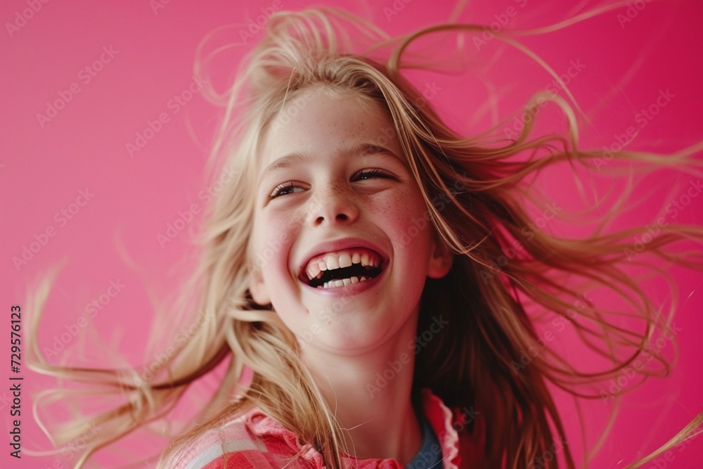 Adorable girl model on a cheerful pink background, captured in high definition, exuding joy and sweetness in a visually delightful and lively composition.