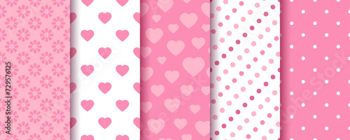 Pink seamless pattern. Valentine's day background. Set textures with hearts, dots and flowers. Cute prints for scrapbooking. Collection love wrapping papers. Vintage backdrop. Vector illustration