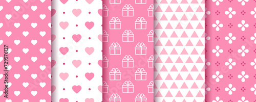 Valentine's day seamless pattern. Love backgrounds. Pink textures with hearts, flowers and gift boxes. Set of romantic vintage prints for scrapbooking. Cute girly wrapping papers. Vector illustration
