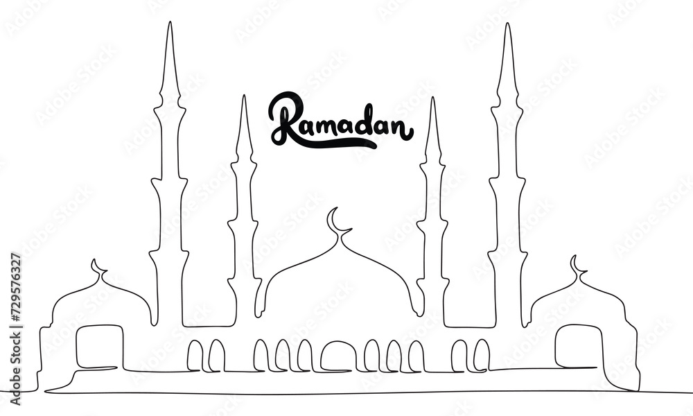 Concept text banner for holiday Ramadan with one line continuous mosque. Line art banner. Hand drawn vector art.
