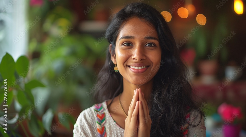 Portrait of happy smiling young lady of indian ethnicity looking at camera holding fingers joined in tender heart close to chest. Young woman volunteer video blogger ask audience to support charities.