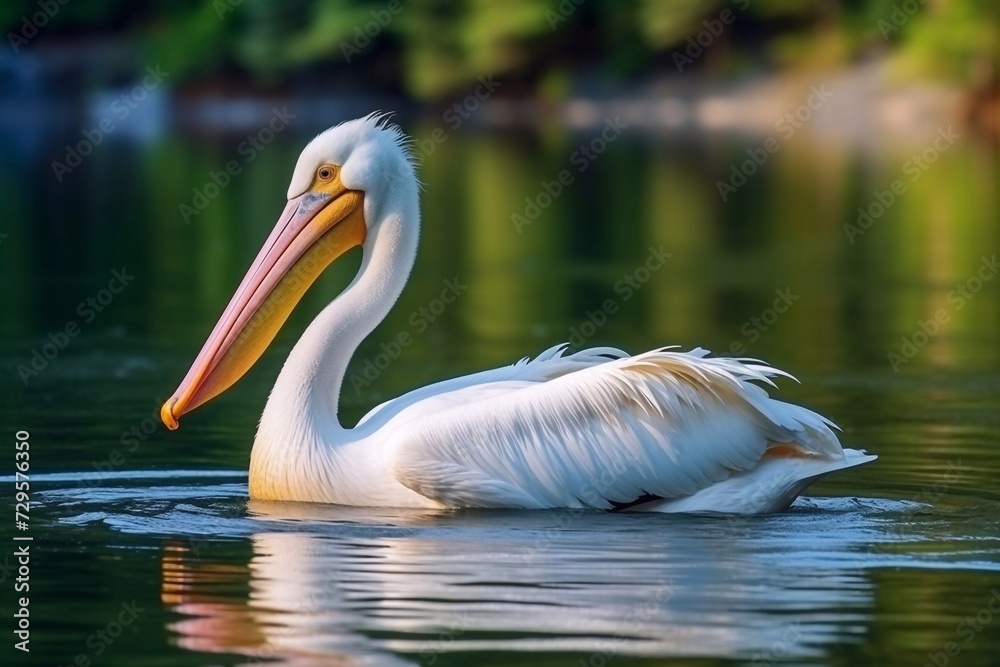 A Great White Pelican (Pelecanus onocrotalus) swimming in the waters of lake
A Great White Pelican (Pelecanus onocrotalus) swimming in the waters of lake