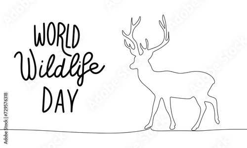 Concept text banner for holiday World Wildlife Day with one line continuous deer. Line art banner. Hand drawn vector art.