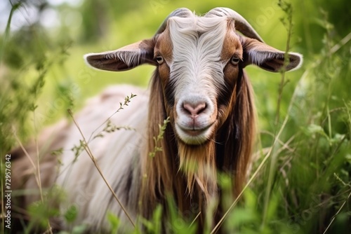
A close-up portrait of a domestic animal amidst greenery and grass