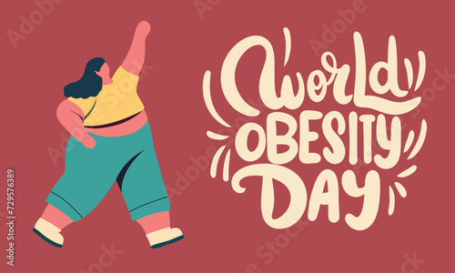 Web banner for World Obesity Day.  Concept of banner with handwriting text World Obesity Day and positive woman. Hand drawn vector art.