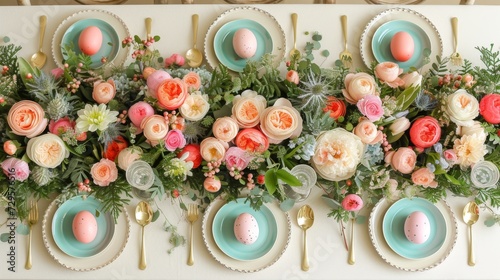 Festive easter table with painted eggs, floral decor on white background, flat lay with text space