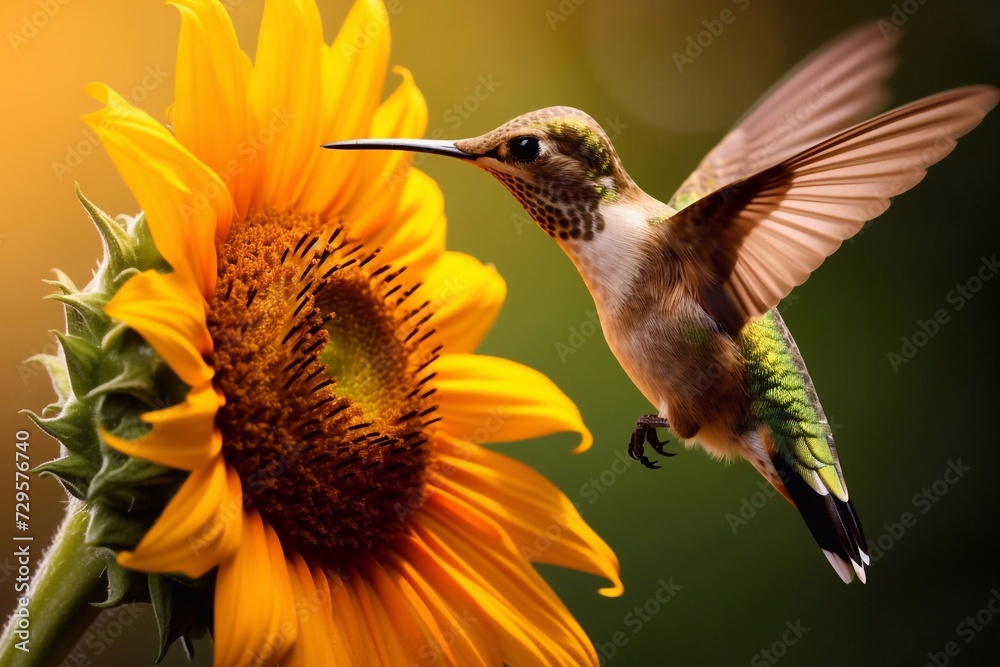 Fototapeta premium Hummingbird eating from Sunflower