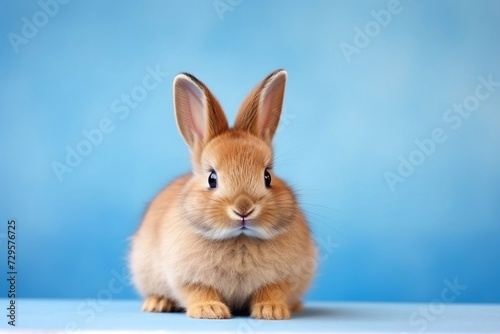  healthy lovely baby brown bunny easter rabbit on blue background. Cute fluffy rabbit on blue background Lovely mammal with beautiful bright eyes in nature life. Animal Easter symbol concept