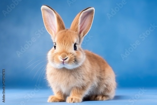  healthy lovely baby brown bunny easter rabbit on blue background. Cute fluffy rabbit on blue background Lovely mammal with beautiful bright eyes in nature life. Animal Easter symbol concept
