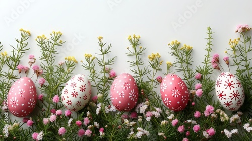 Easter table setting with painted eggs, floral decor on white background, flat lay with text space
