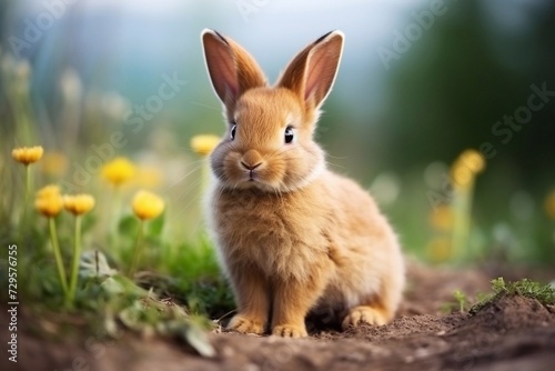 Little happy funny rabbit sitting on the ground in nature © Ирина Курмаева