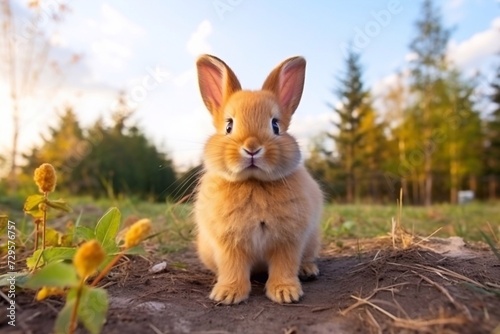 Little happy funny rabbit sitting on the ground in nature