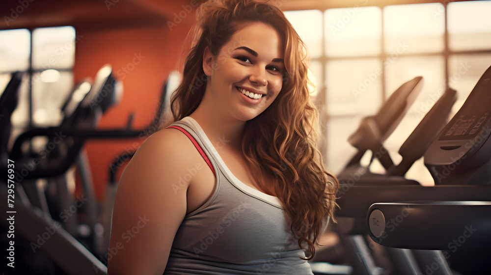 A radiant woman poses confidently in a gym, her smile beaming as she shows off her athletic attire and prepares to tackle her workout A radiant woman poses confidently in a gym, her smile beaming as she shows off her athletic attire and prepares to tackle her workout